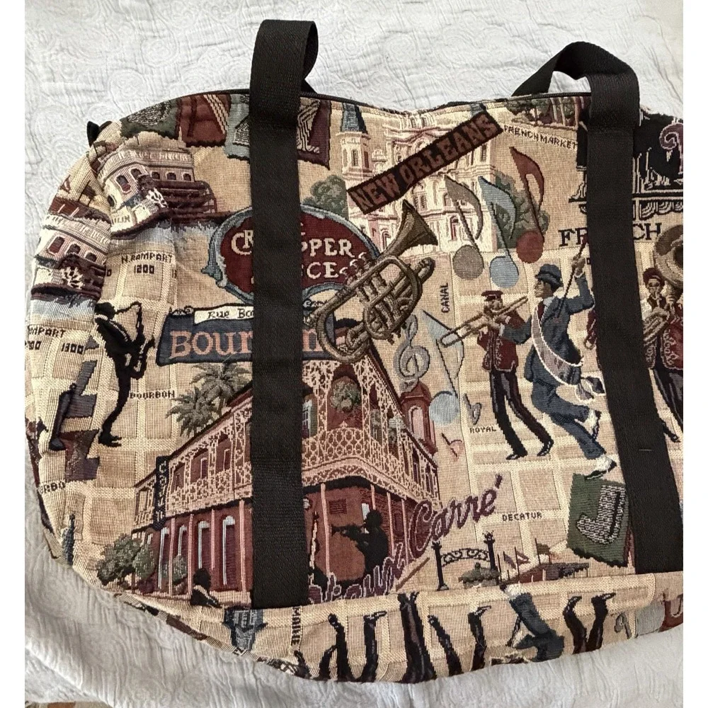 Vintage Tapestry Duffel Bag New Orleans Jazz Motif Overnight Weekender USA 90s